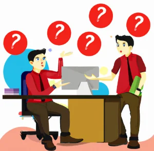 Illustration of two people in shirts and ties at a desk with 5 red question marks above them
