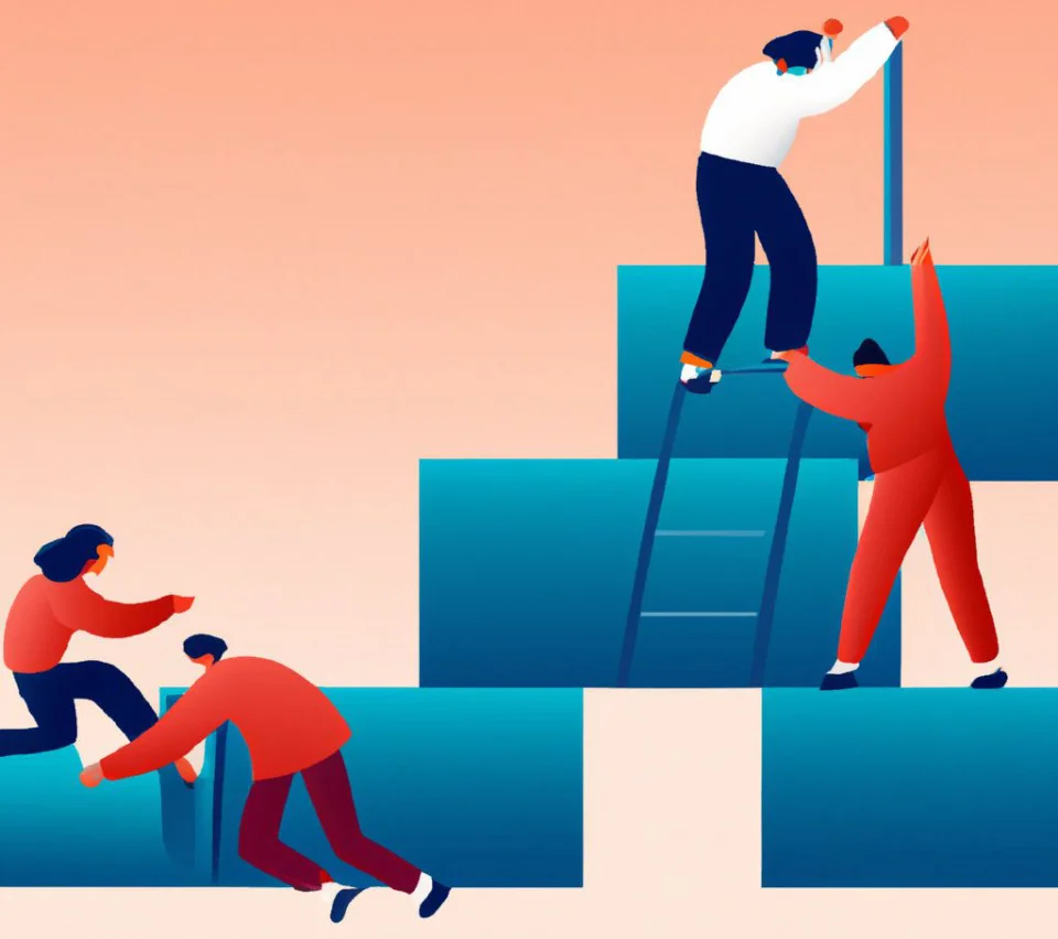 An illustration of 4 people climbing large blocks as a team