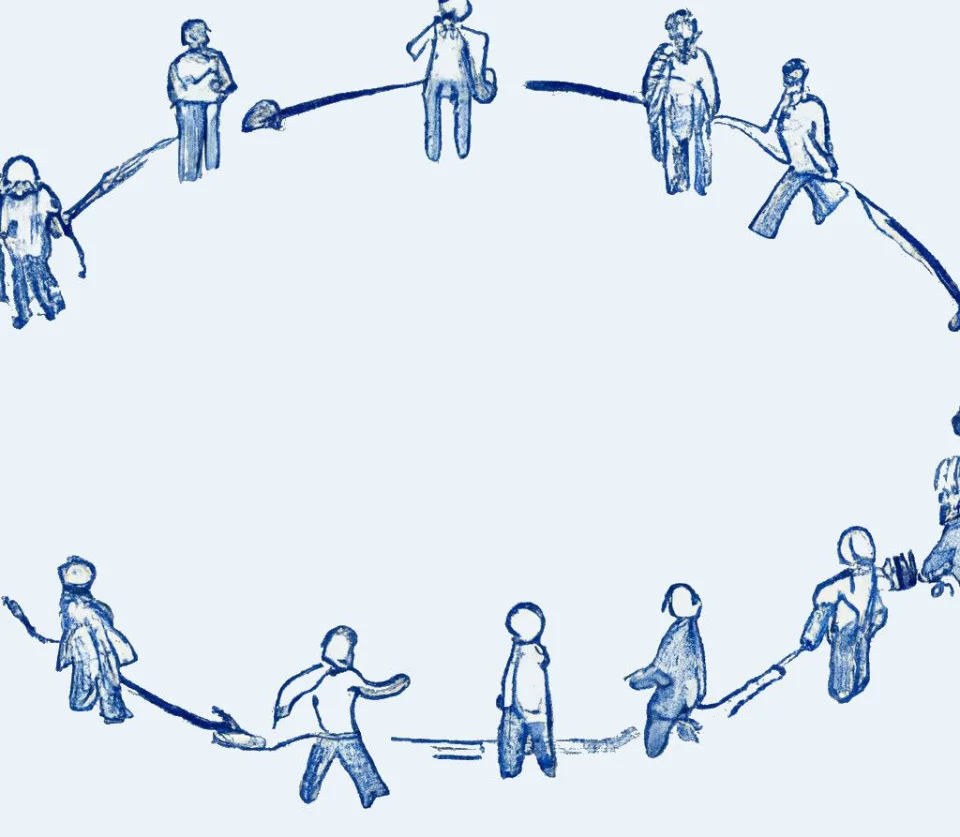 Customer lifecycle illustration of business figures moving around in a blue circular motion