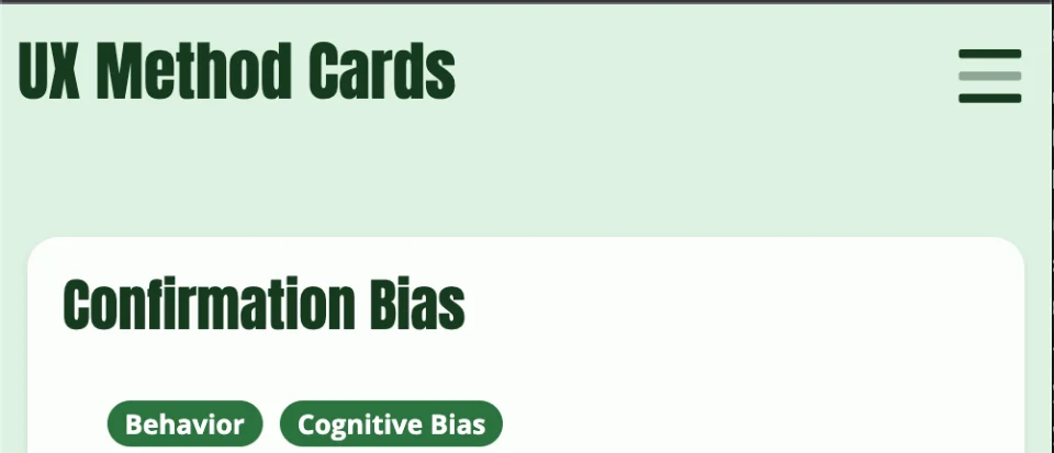 Screenshot of typical hamburger menu on UX Method Cards site