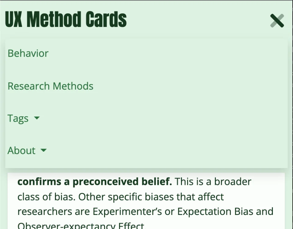 Screenshot of expanded hamburger menu on UX Method Cards