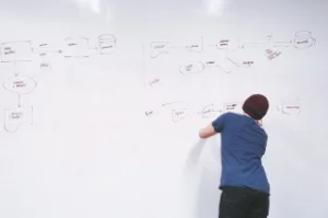 Person in t-shirt drawing a flowchart on a large white board
