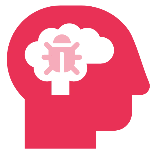 illustration of a head and brain profile with a bug inside