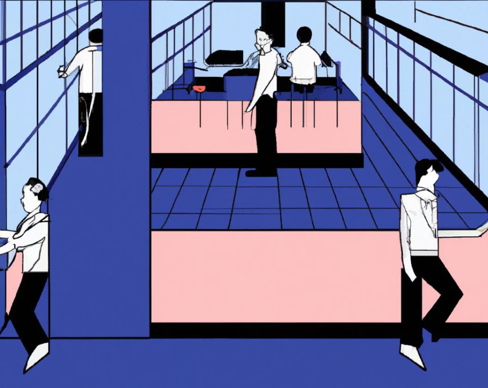Siloed blue print of office workers illustrated office workers standing and separated by walls
