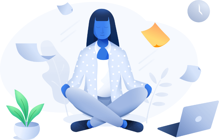 Illustration of blue person sitting cross legged meditating with papers and computer
