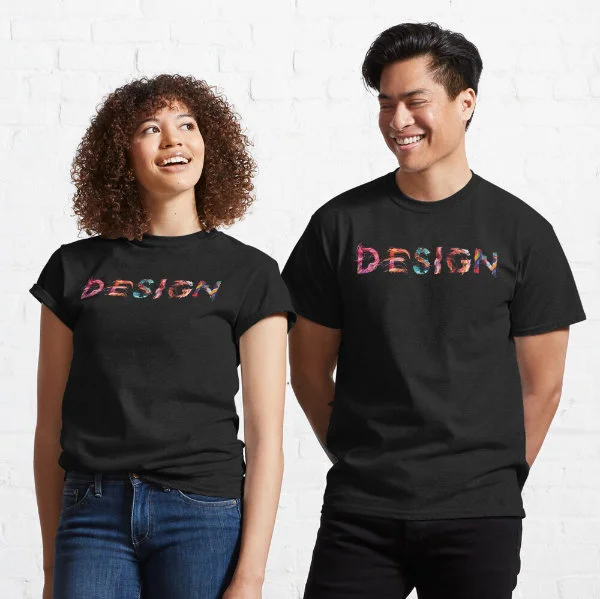 A woman and man wearing dark T-Shirts with the word "Design" painted on them.