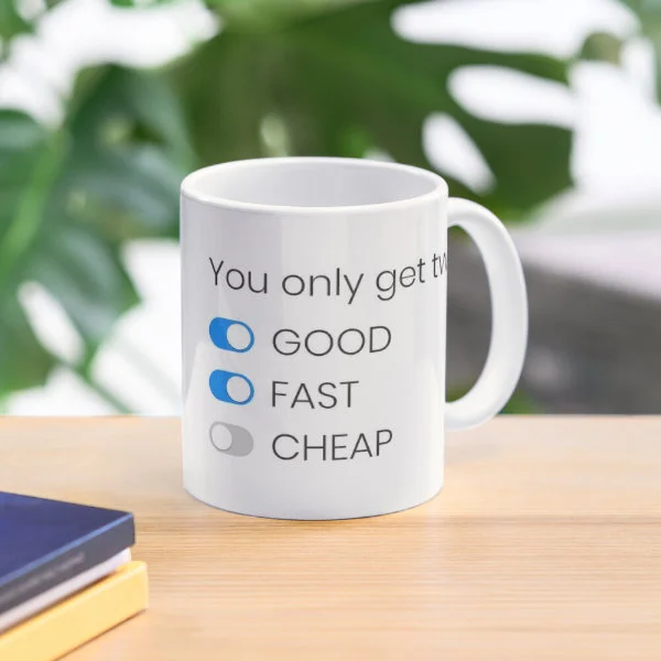A classic white coffee mug with the phrase "You only get two: good, fast, cheap" in black letters.