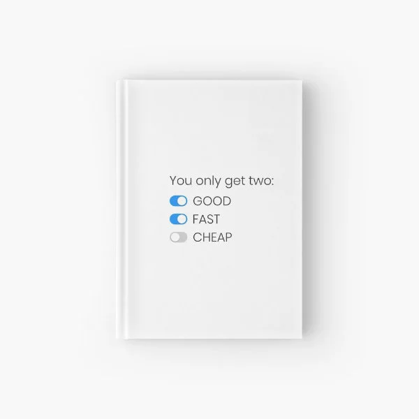 A hardcover journal with the phrase "You only get two: good, fast, cheap" in white letters.