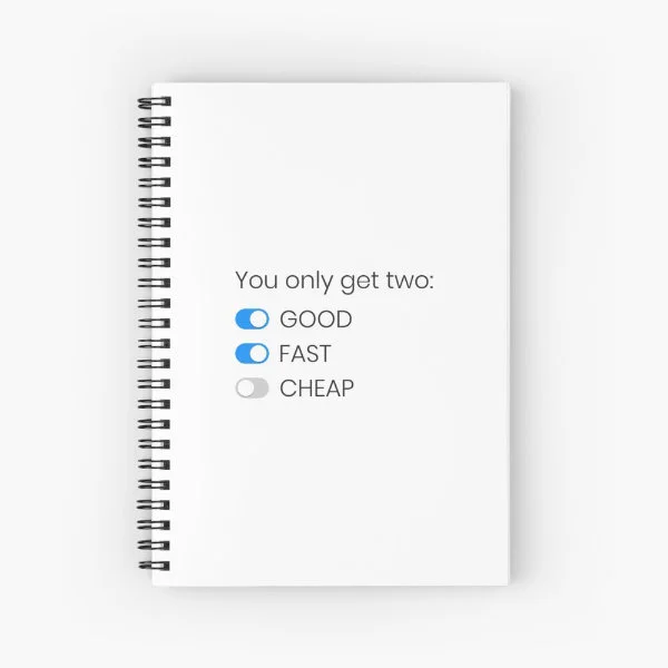 A spiral notebook with the phrase "You only get two: good, fast, cheap" in white letters.